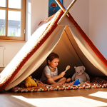 A young child, around 6 years old, fully immersed in building an elaborate blanket fort in a cozy, sunlit German living room. Stuffed animals are seated attentively in a 'waiting area' for a pretend animal clinic. The child uses a wooden spoon as a 'magic wand' and a shoebox as a 'control panel,' transforming everyday objects into elements of a boundless imaginative world. The scene radiates pure creativity and focused absorption, with a soft, warm glow. Realistic photography, shallow depth of field, natural light.