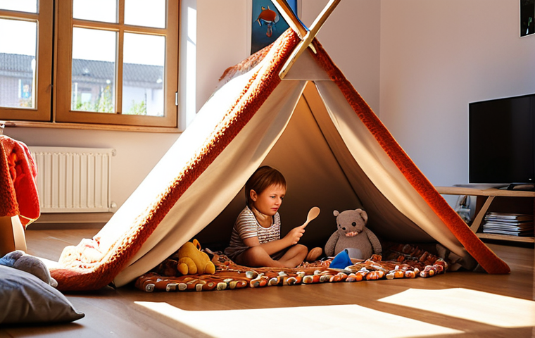 A young child, around 6 years old, fully immersed in building an elaborate blanket fort in a cozy, sunlit German living room. Stuffed animals are seated attentively in a 'waiting area' for a pretend animal clinic. The child uses a wooden spoon as a 'magic wand' and a shoebox as a 'control panel,' transforming everyday objects into elements of a boundless imaginative world. The scene radiates pure creativity and focused absorption, with a soft, warm glow. Realistic photography, shallow depth of field, natural light.