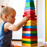 **A young child intently focused on building a tall tower with colorful wooden blocks, set against a brightly lit playroom background.** (Focus: Early childhood development, spatial reasoning)