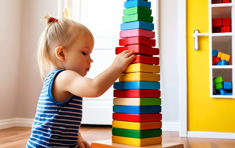 **A young child intently focused on building a tall tower with colorful wooden blocks, set against a brightly lit playroom background.** (Focus: Early childhood development, spatial reasoning)