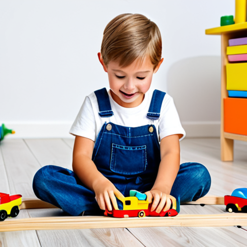 A joyful young child, fully clothed in modest children's overalls and a t-shirt, intensely concentrated on 'repairing' a toy wooden train set on the floor. The child is wearing a vibrant toy tool belt with child-friendly wooden tools. The scene takes place in a brightly lit, organized children's playroom with various colorful toys scattered around. Professional photography, high quality, soft studio lighting, natural pose, perfect anatomy, correct proportions, well-formed hands, proper finger count, natural body proportions, safe for work, appropriate content, fully clothed, family-friendly.