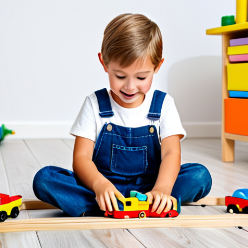 Home 23 A joyful young child, fully clothed in modest children's overalls and a t-shirt, intensely concentrated on 'repairing' a toy wooden train set on the floor. The child is wearing a vibrant toy tool belt with child-friendly wooden tools. The scene takes place in a brightly lit, organized children's playroom with various colorful toys scattered around. Professional photography, high quality, soft studio lighting, natural pose, perfect anatomy, correct proportions, well-formed hands, proper finger count, natural body proportions, safe for work, appropriate content, fully clothed, family-friendly.