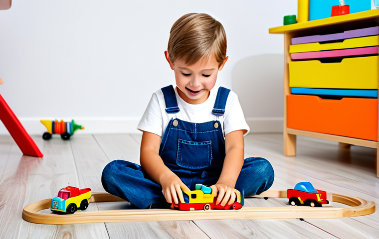 A joyful young child, fully clothed in modest children's overalls and a t-shirt, intensely concentrated on 'repairing' a toy wooden train set on the floor. The child is wearing a vibrant toy tool belt with child-friendly wooden tools. The scene takes place in a brightly lit, organized children's playroom with various colorful toys scattered around. Professional photography, high quality, soft studio lighting, natural pose, perfect anatomy, correct proportions, well-formed hands, proper finger count, natural body proportions, safe for work, appropriate content, fully clothed, family-friendly.