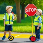 경찰관 놀이 교통법규 놀이 - **Prompt 1: "Little Traffic Wardens in Action"**
    A bright and cheerful scene featuring three you...