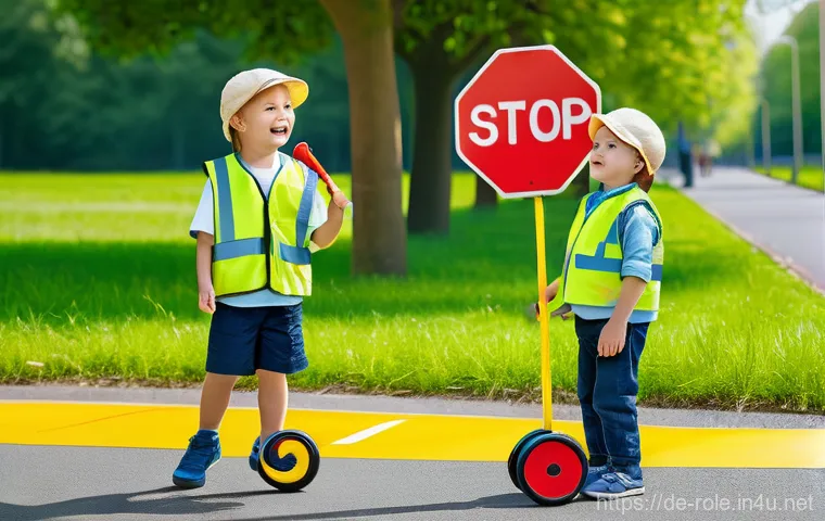 경찰관 놀이 교통법규 놀이 - **Prompt 1: "Little Traffic Wardens in Action"**
A bright and cheerful scene featuring three you...