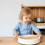 주방놀이 완구 - **Prompt 1 (Wooden, Natural, Toddler Focus):**
    A happy toddler, approximately 2 years old, dress...