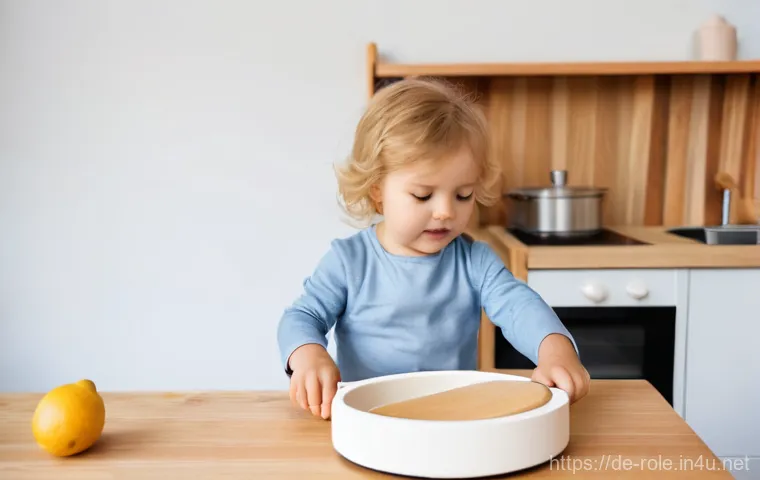 주방놀이 완구 - **Prompt 1 (Wooden, Natural, Toddler Focus):**
A happy toddler, approximately 2 years old, dress...