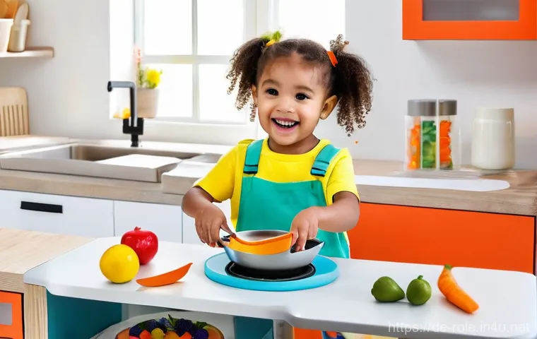 주방놀이 완구 - **Prompt 1 (Wooden, Natural, Toddler Focus):**
    A happy toddler, approximately 2 years old, dress...