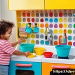 주방놀이 플라스틱 vs 나무 제품 - An energetic and vibrant scene in a lively playroom, showcasing a modern plastic play kitchen. Two c...
