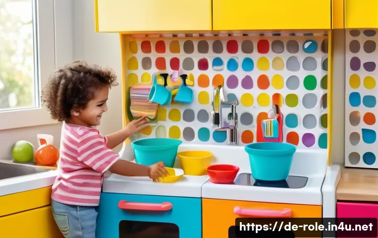 주방놀이 플라스틱 vs 나무 제품 - An energetic and vibrant scene in a lively playroom, showcasing a modern plastic play kitchen. Two c...