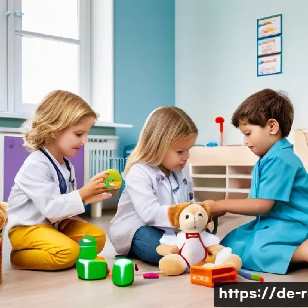 병원놀이 완구 실제같은 디자인 - A detailed scene of a German kindergarten classroom where children aged around 4-6 are playing with ...