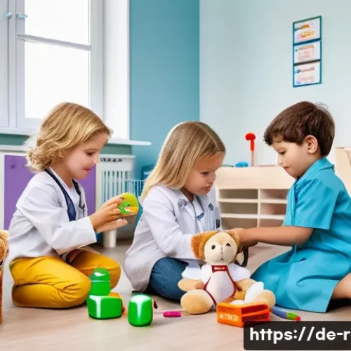 병원놀이 완구 실제같은 디자인 - A detailed scene of a German kindergarten classroom where children aged around 4-6 are playing with ...