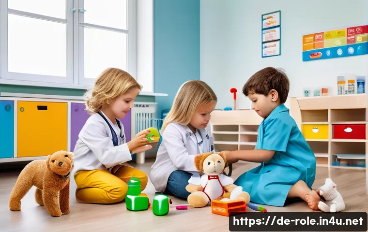 병원놀이 완구 실제같은 디자인 - A detailed scene of a German kindergarten classroom where children aged around 4-6 are playing with ...
