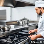 요리사 모자 포함 세트 - A professional chef in a modern kitchen wearing a complete chef outfit including a breathable, ergon...