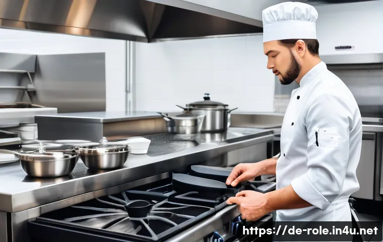 요리사 모자 포함 세트 - A professional chef in a modern kitchen wearing a complete chef outfit including a breathable, ergon...