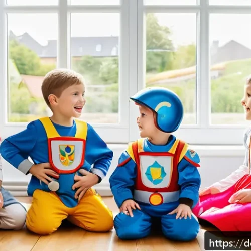역할완구 종류 - A group of children aged 5-7 joyfully engaged in imaginative roleplay inside a cozy German-style liv...