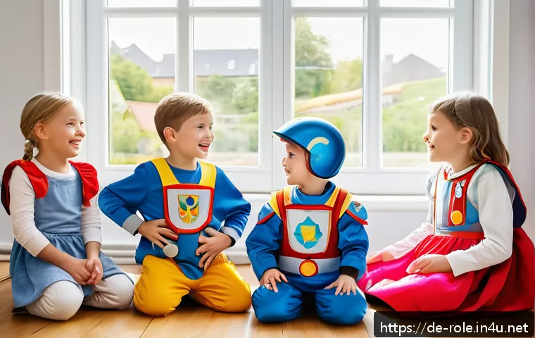 역할완구 종류 - A group of children aged 5-7 joyfully engaged in imaginative roleplay inside a cozy German-style liv...