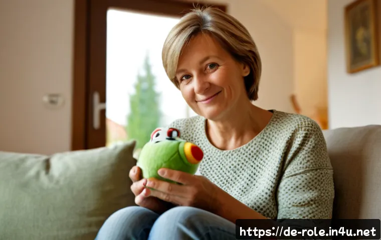 캐릭터 완구의 심리적 효과 - Photorealistic warm living room in a contemporary German home, a relaxed middle-aged woman seated on...