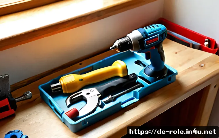 Home 17 공구놀이 실제 소리 나는 제품 - Photorealistic close-up of a realistic children’s toy tool set on a tidy wooden workbench in a brigh...