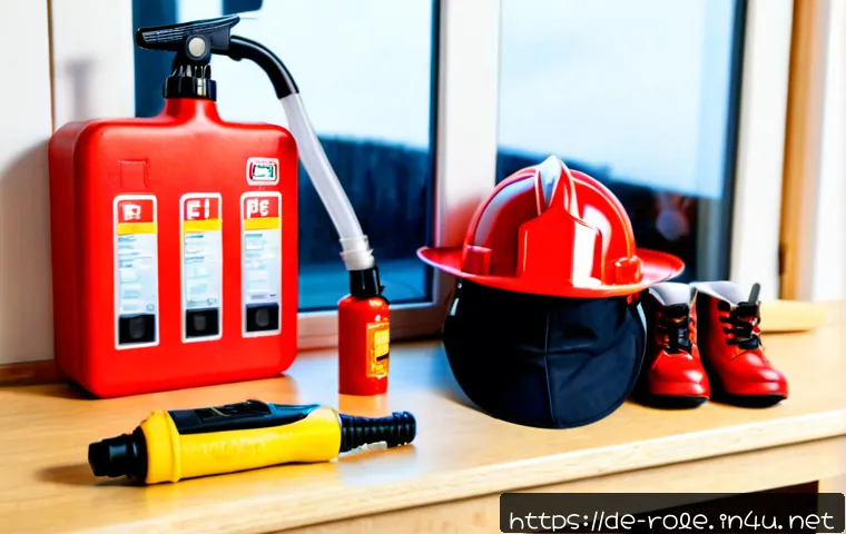 소방관 역할놀이 세트 - Photorealistic firefighter role-play set neatly arranged on a light wooden table in a bright German ...